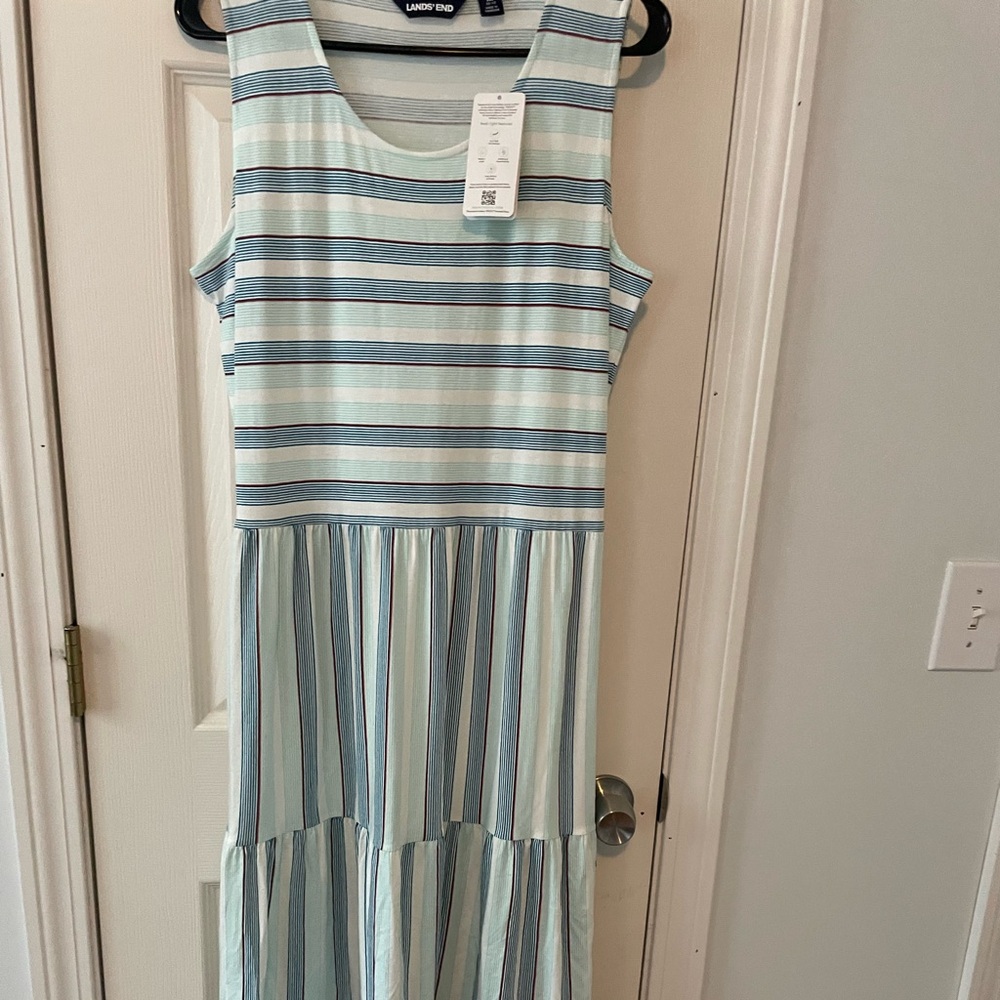 Lands End Women’s medium Long Beach dress cotton light blue striped